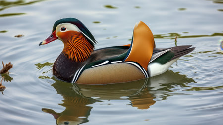 Colorful mandarin duck swimming in a serene pond surrounded by natureの素材