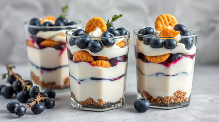 Bright and colorful dessert cups featuring layers of yogurt, blueberries, and crunchy cookiesの素材