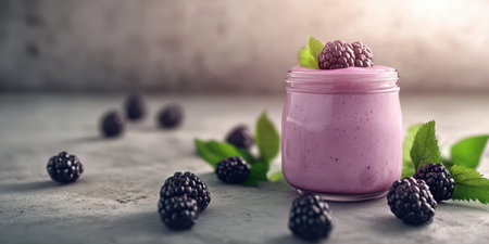 Berry smoothie captures the essence of freshness with vibrant blackberries and mint in a cozy settingの素材