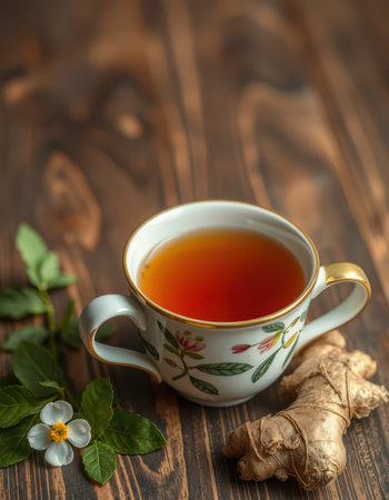 Warm ginger tea served in a decorative cup next to fresh ginger and herbs on a wooden tableの素材