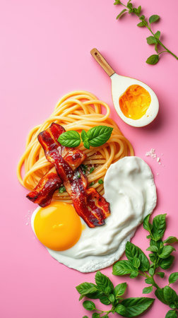 Delicious plate of spaghetti with bacon, egg, and fresh herbs on a vibrant pink backgroundの素材