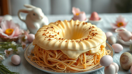 Unique dessert creation features spaghetti with creamy topping surrounded by decorative eggs and flowersの素材
