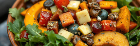 Colorful fresh fruit and vegetable salad served on a bed of greens with nutsの素材