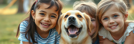 Three young girls are embracing a happy, golden labrador retriever in a grassy park settingの素材