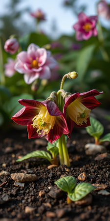 Beautiful blooming flowers with rich colors in a sunny garden during springの素材