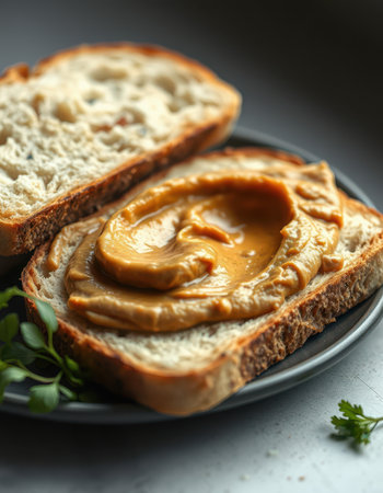 Peanut butter spread generously on hearty bread slices, a simple yet satisfying snack perfect for any time of dayの素材