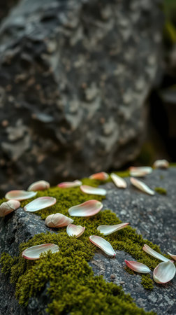 Pale petals rest on moss-covered stone near a large rock at dawnの素材