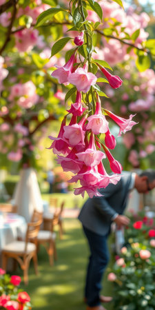 Vibrant pink flowers hanging gracefully in a garden setting during a sunny afternoonの素材