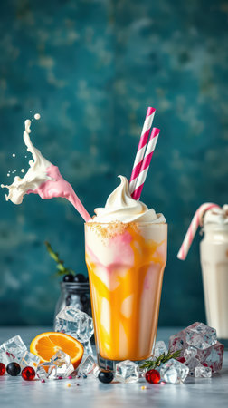 Refreshing colorful drink topped with whipped cream and straws served on a marble surface with ice and orange sliceの素材