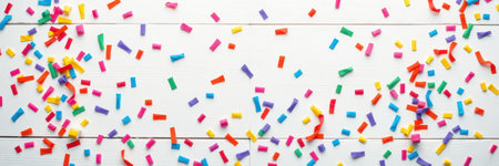 Colorful confetti scattered across a white wooden surface for celebration and party decorationの素材