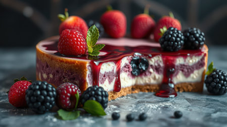 Delicious berry cheesecake with fresh fruits and berry sauce on a dark backgroundの素材