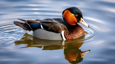 Colorful duck swims gracefully in calm water during golden hour at a serene lakeの素材