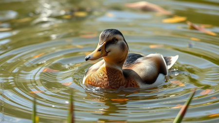 Colorful duck swimming gracefully in a serene pond surrounded by autumn leaves in the afternoon lightの素材