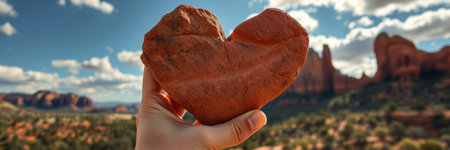 A persons hand carefully cradles a naturally formed, heart-shaped, reddish-brown stoneの素材