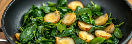 SautÃ©ed spinach and potatoes in a skillet, showcasing fresh ingredients and vibrant colors of a healthy dishの素材