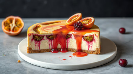 Delicious cheesecake topped with vibrant fruit and dripping glaze on a marble platterの素材