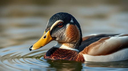 Colorful male duck swimming calmly in a serene water body during early morning lightの素材