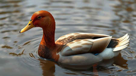 Duck swimming gracefully in a serene pond amidst gently rippling waters on a sunny dayの素材