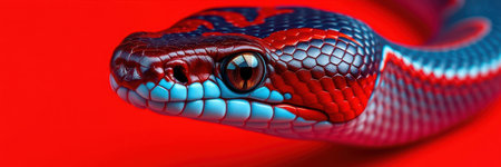 Colorful snake with striking patterns posed on a vibrant red background showcasing its vivid scales and expressive eyesの素材