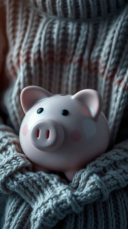 Cute ceramic piggy bank resting on a cozy knitted blanket with soft lighting at homeの素材