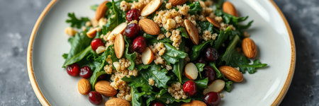 Tasty salad with greens, quinoa, almonds, and cranberries on a white plateの素材