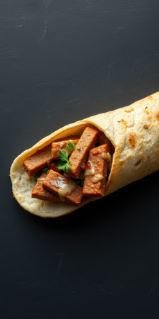 Delicious wrap filled with seasoned grilled tofu and garnished with cilantro on a dark backgroundの素材