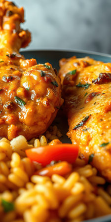 Juicy chicken pieces served with flavorful rice and vegetables for a delicious mealの素材