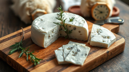 Creamy cheese displayed on a wooden cutting board with fresh herbs and a small clock in a cozy kitchen settingの素材