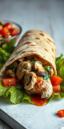 Delicious chicken wrap with fresh vegetables and flavorful sauce served on a bright tableの素材