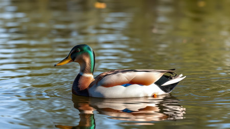 Colorful duck swimming gracefully in a tranquil pond during a sunny afternoonの素材