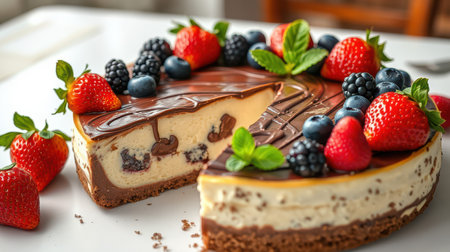 Delicious cheesecake topped with fresh berries and mint leaves on a white plate in a cozy kitchen settingの素材