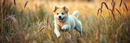 A fluffy, light-colored puppy bounds through a field of tall, dry grassの素材