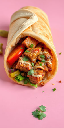 Delicious chicken wrap filled with fresh vegetables and herbs, served on a pink backgroundの素材