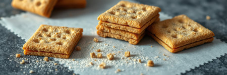 Delicious golden crackers arranged artistically on a surface with crumbs scattered nearbyの素材