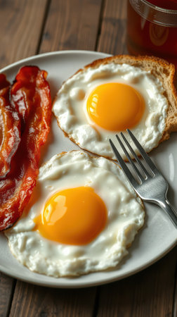 Delicious breakfast featuring fried eggs, crispy bacon, and toasted bread served on a white plateの素材