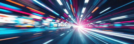 Speeding through a vibrant urban tunnel at night emphasizes movement and light dynamicsの素材