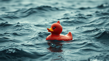 Bright orange rubber duck floats on dark waves in open water during daytimeの素材