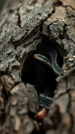 Snake emerges from the hollow of a tree trunk in a natural setting during daylight hoursの素材