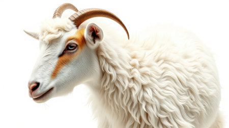 White goat with distinctive horns and fluffy coat stands against a plain background highlighting its featuresの素材