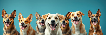 A group of seven diverse dogs are positioned closely together, all looking directly at the viewerの素材