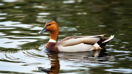 Swimming duck glides gracefully across calm water in a serene natural setting during daytimeの素材