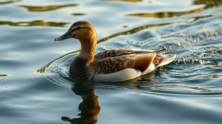 Duck swimming peacefully on a serene lake at sunset with warm reflectionsの素材