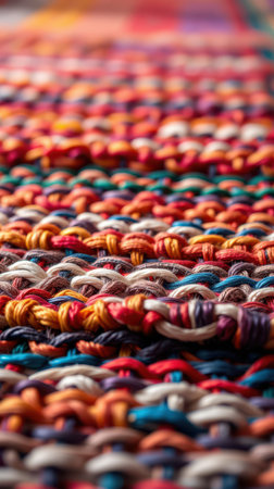 Colorful woven textile showcasing intricate patterns and textures in a close-up viewの素材