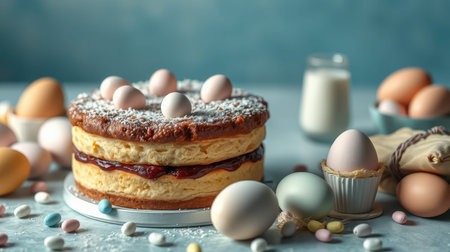 Celebration dessert featuring a layered cake with decorated eggs on a festive table settingの素材
