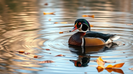 Colorful duck glides effortlessly on a tranquil pond surrounded by autumn leaves during golden hourの素材