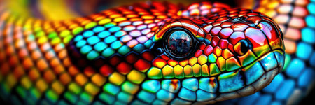 Colorful snake with iridescent scales resting during the day in a lush environmentの素材