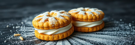 Delicious cream-filled cookies with powdered sugar on a dark surface arranged attractively for dessert loversの素材