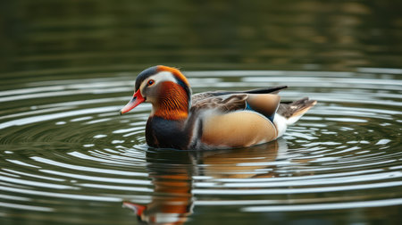 Colorful mandarin duck swimming peacefully in a serene pond surrounded by gentle ripplesの素材