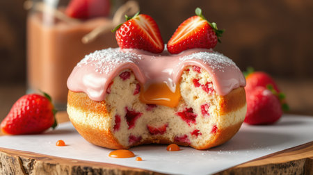 Freshly baked strawberry donut with creamy filling and toppings served in a cozy settingの素材