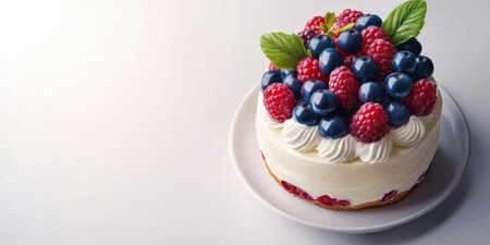 Delicious berry cake topped with fresh fruits on a white plate in natural lightの素材